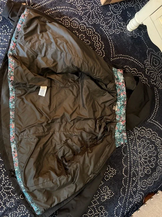 Eddie Bauer Black Hooded Raincoat with Floral Trim - Picture 2 of 5